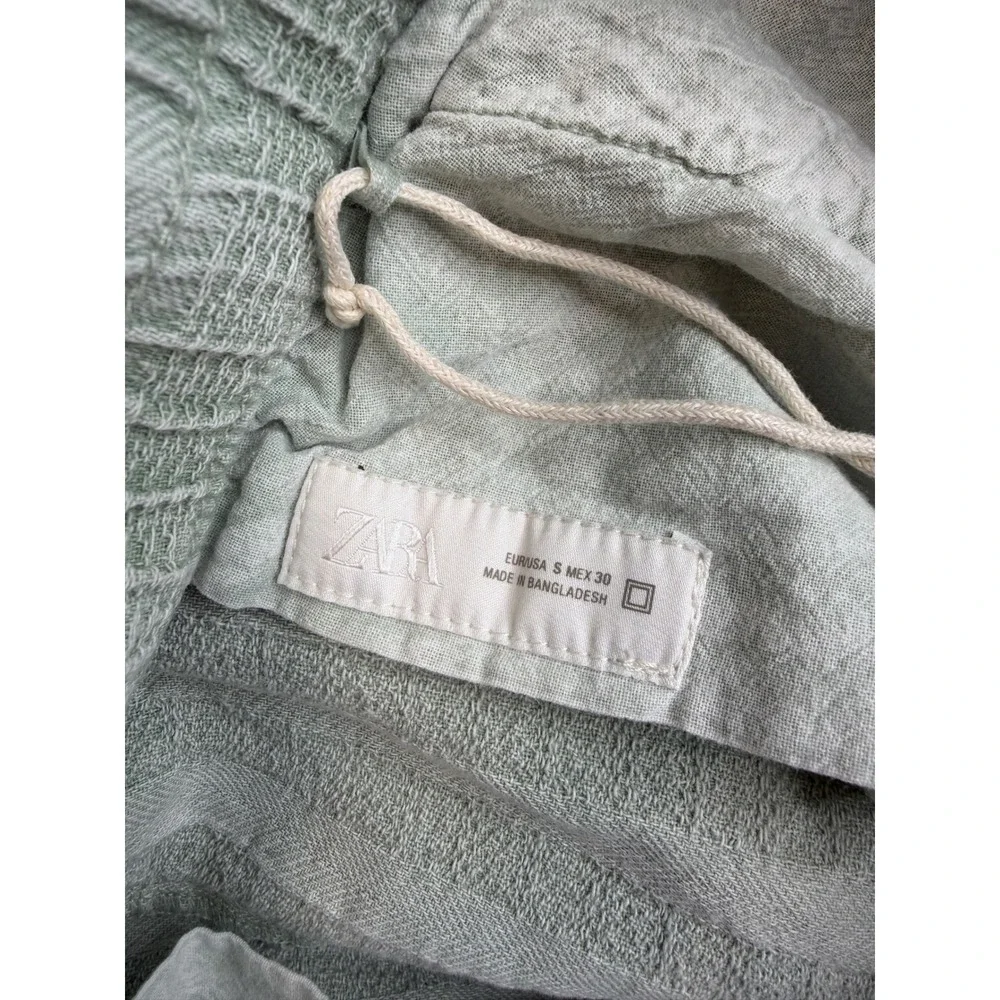 Zara Textured Cotton Wide Leg Pants Womens S Green Drawstring Pull On Coastal